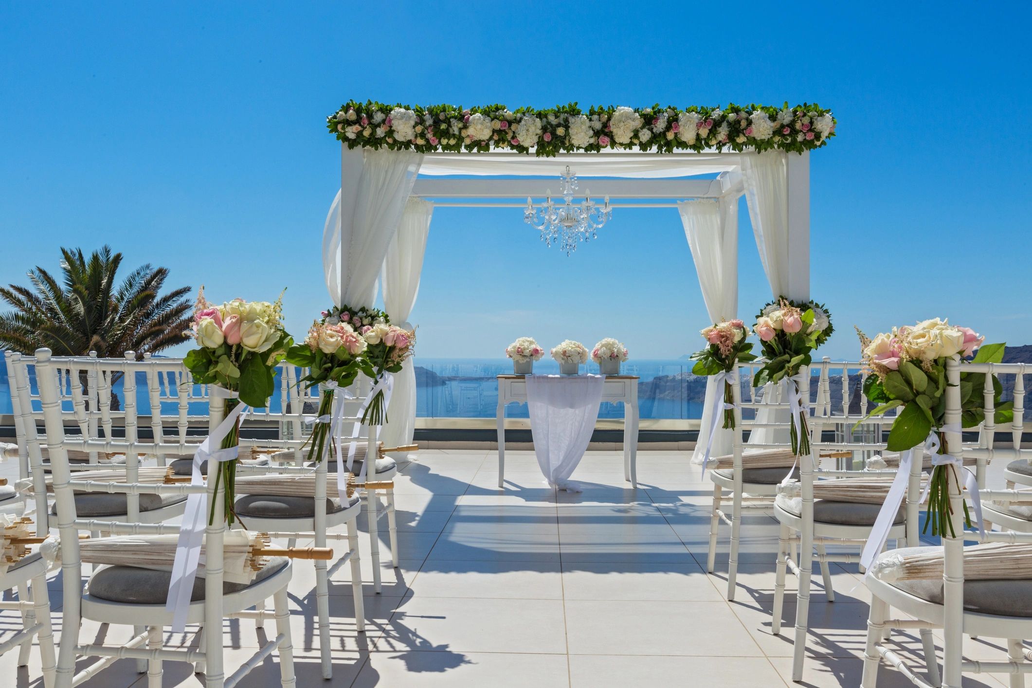 Wedding floral decor in Santorini, Greece